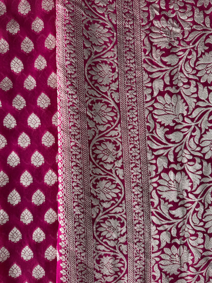 Handwoven pure Banarasi Khaddi Georgette Saree in Hot Pink