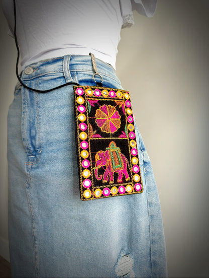 Boho style Kutch Work Waist Hangable Mobile Pouches-Black's - Femantraa