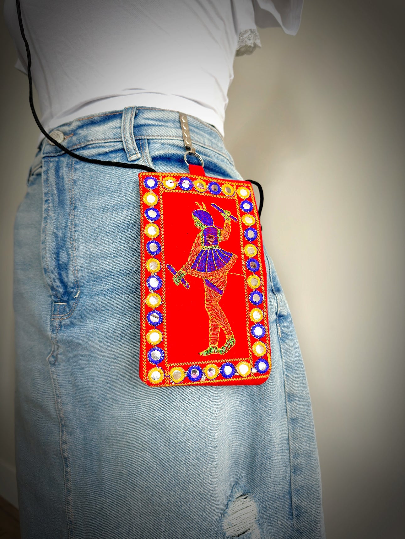 Boho style Kutch Work Waist Hangable Mobile Pouches-Red's - Femantraa