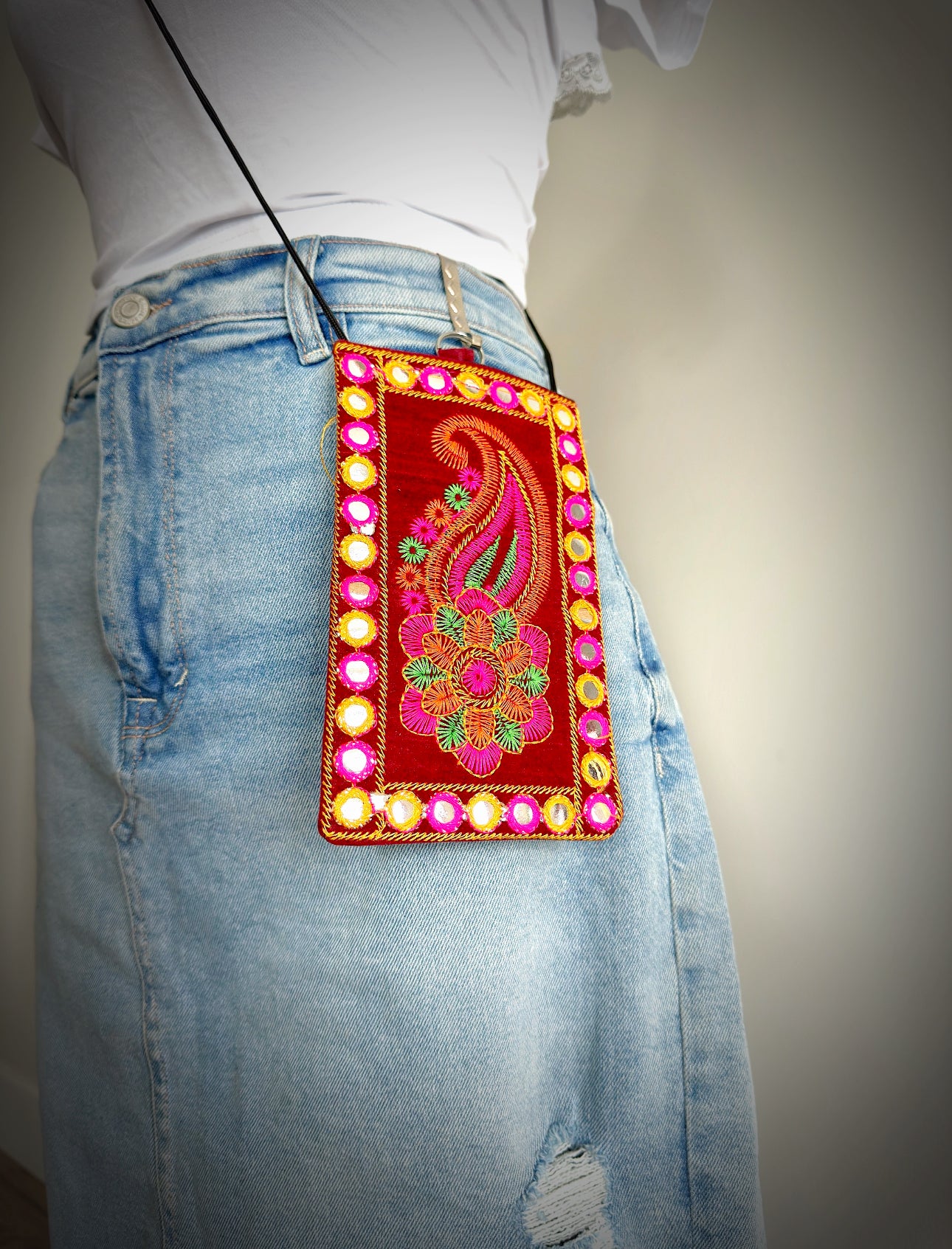 Boho style Kutch Work Waist Hangable Mobile Pouches-Dark Red's - Femantraa