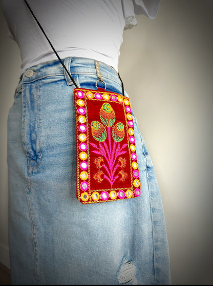 Boho style Kutch Work Waist Hangable Mobile Pouches-Dark Red's - Femantraa