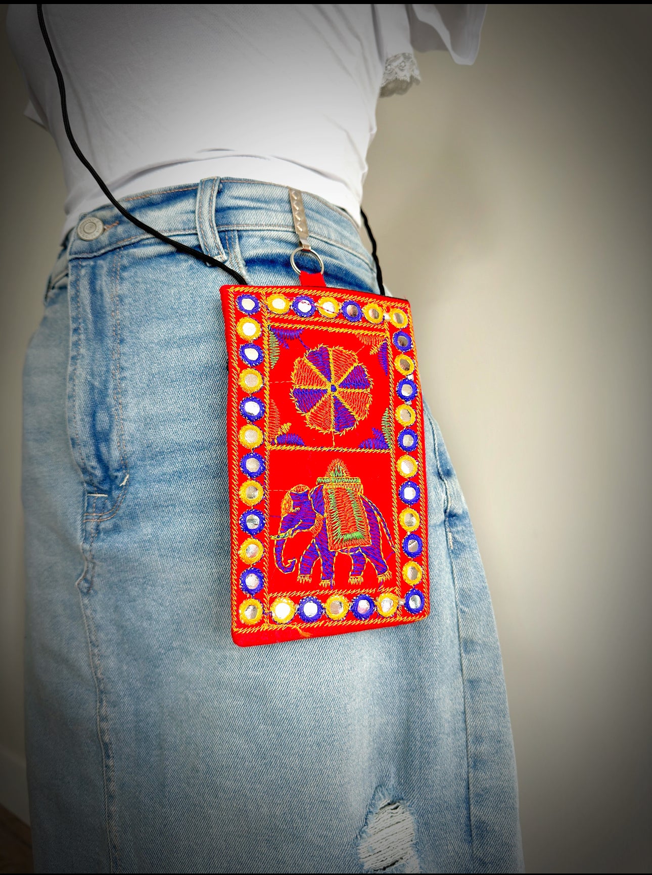 Boho style Kutch Work Waist Hangable Mobile Pouches-Red's - Femantraa