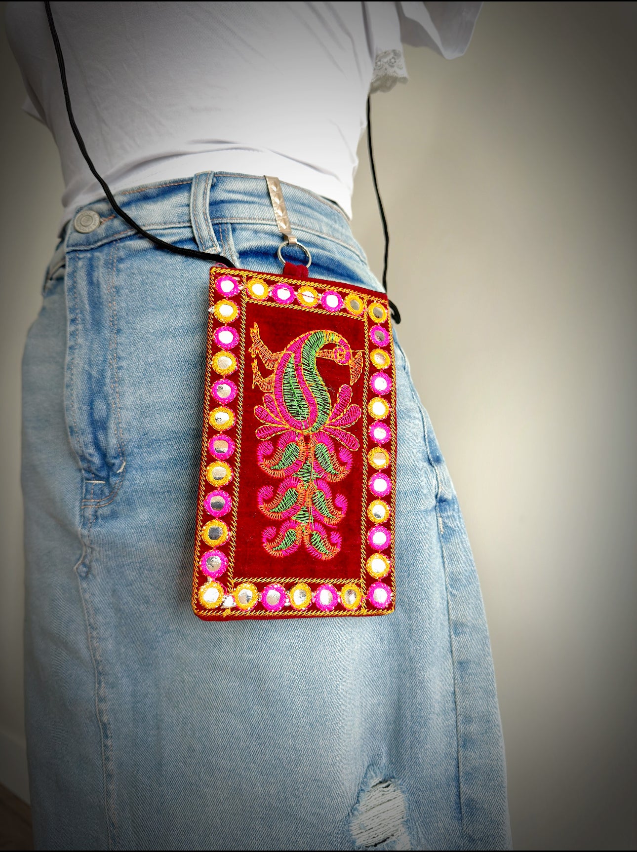 Boho style Kutch Work Waist Hangable Mobile Pouches-Dark Red's - Femantraa