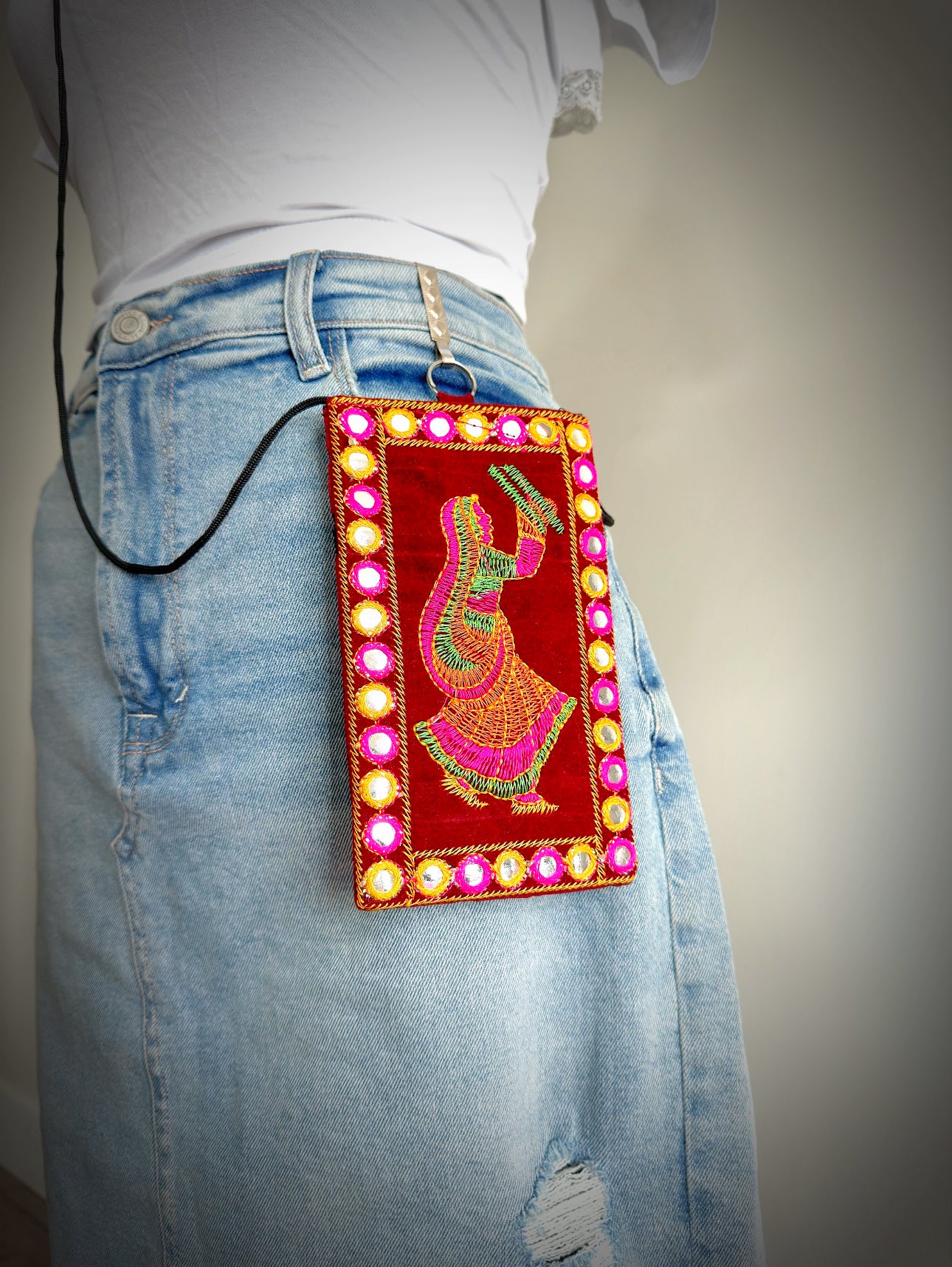 Boho style Kutch Work Waist Hangable Mobile Pouches-Dark Red's - Femantraa