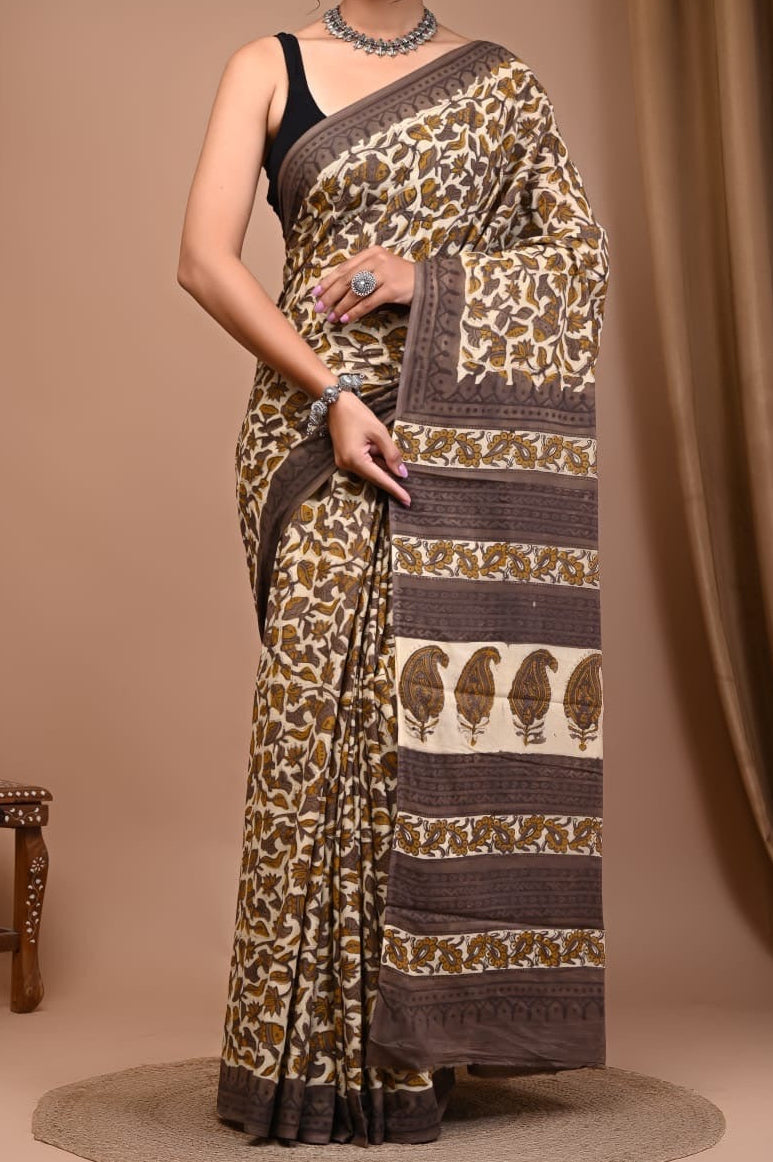 Ajrakh Handblocked Cotton Saree with Natural Dyes