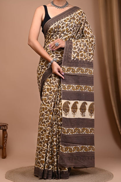 Ajrakh Handblocked Cotton Saree with Natural Dyes