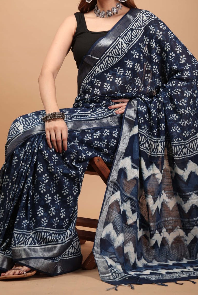 Bagru Handblocked Cotton Slub Indigo Saree with Natural Dyes
