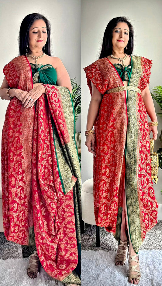 Handwoven pure Banarasi Khaddi Georgette Saree in Red & Green