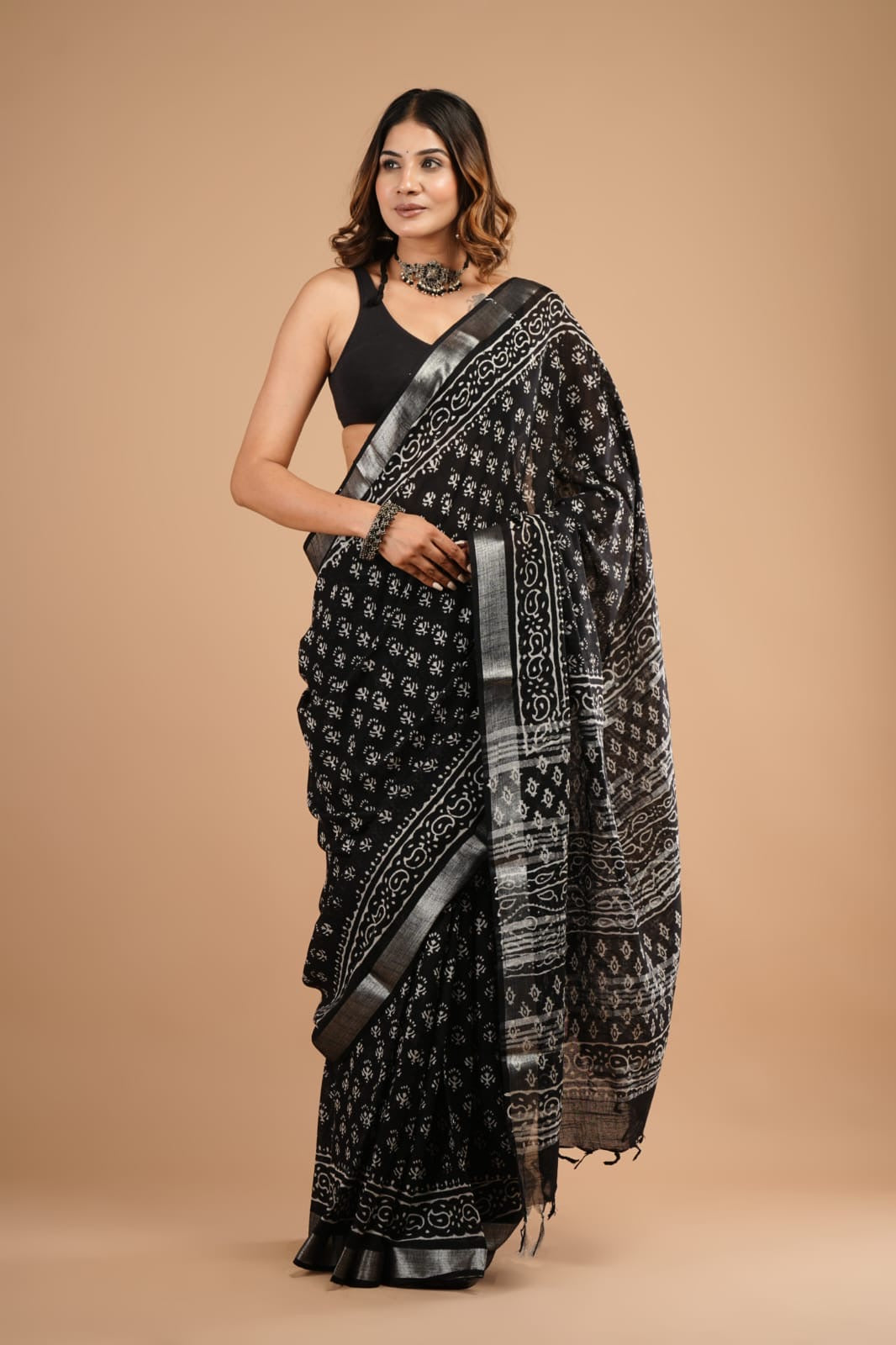 Bagru Handblocked Cotton Slub Black Saree with Natural Dyes (UK ONLY)