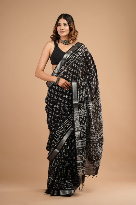 Bagru Handblocked Cotton Slub Black Saree with Natural Dyes (UK ONLY)