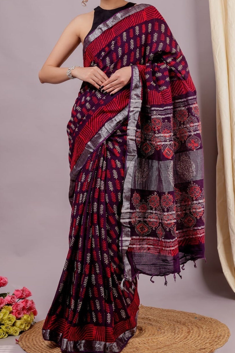 Bagru Handblocked Cotton Slub burgundy Saree with Natural Dyes