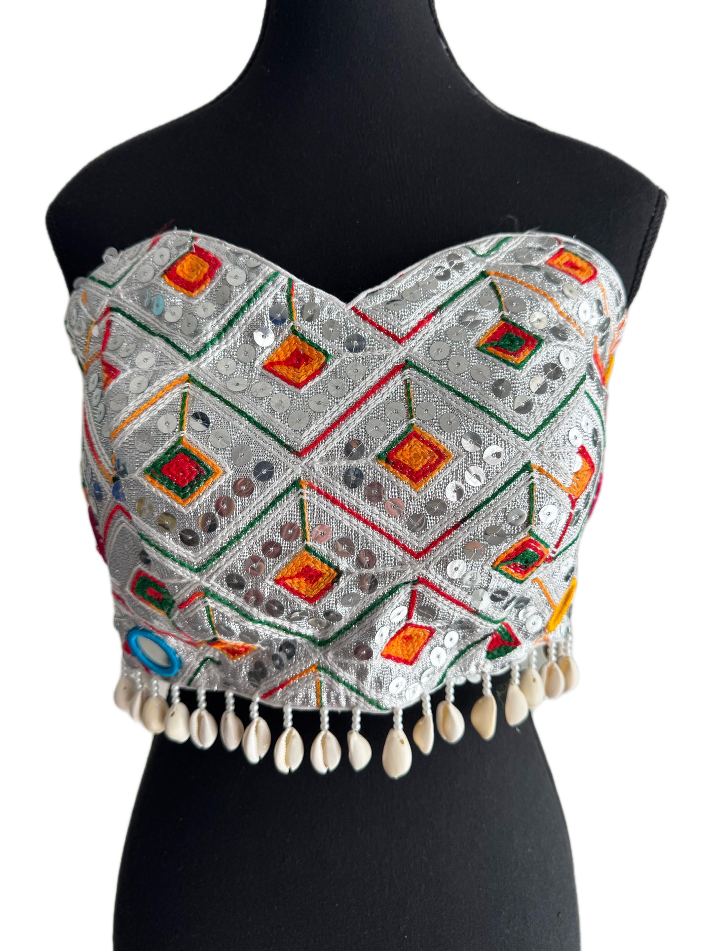 The Upcycled Katran Choli: Hand-Embroidered Strapless Blouse with Kaudi Jhallar