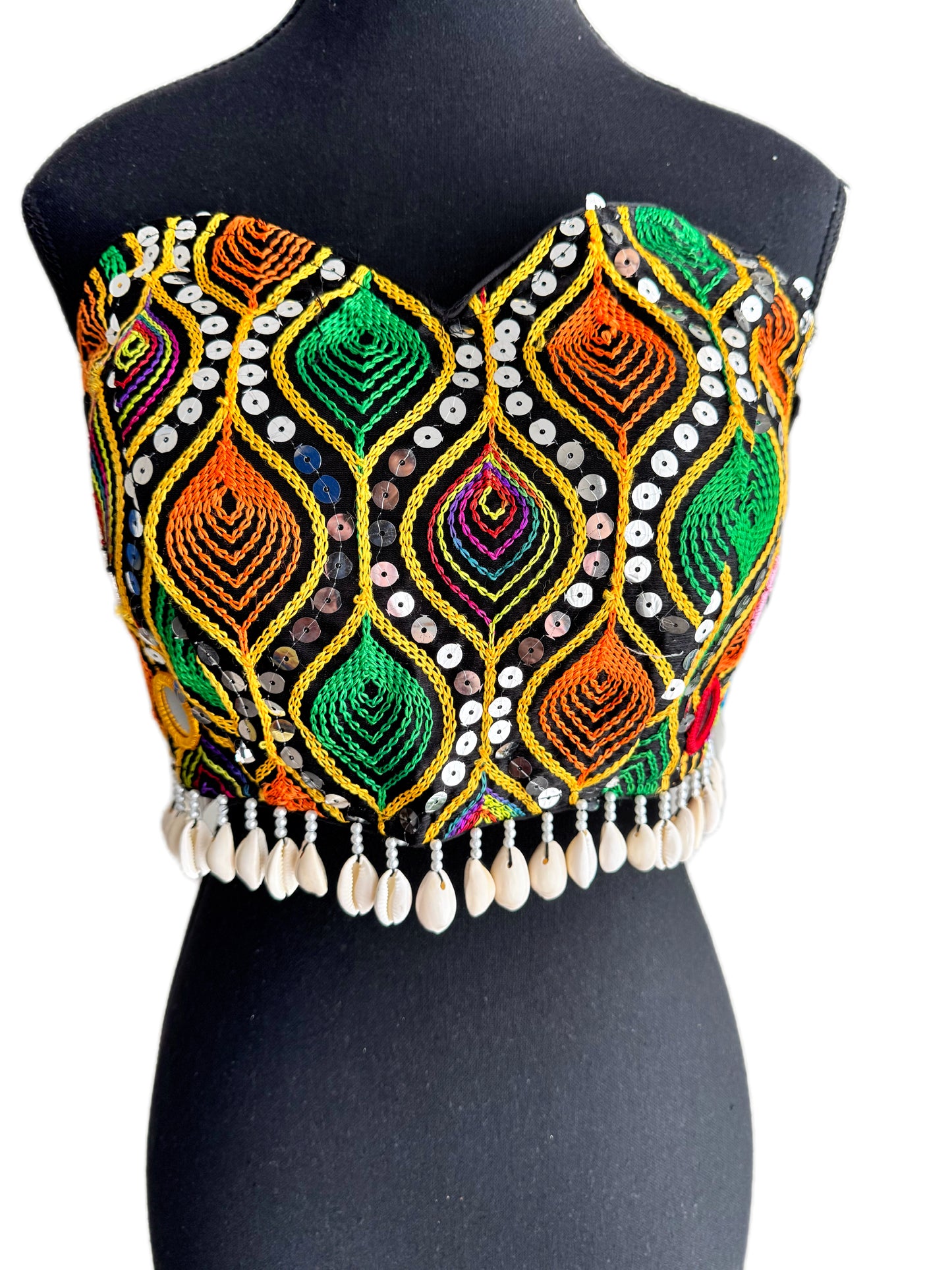 The Upcycled Katran Choli: Hand-Embroidered Strapless Blouse with Kaudi Jhallar