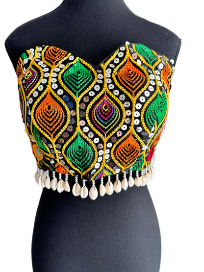 The Upcycled Katran Choli: Hand-Embroidered Strapless Blouse with Kaudi Jhallar