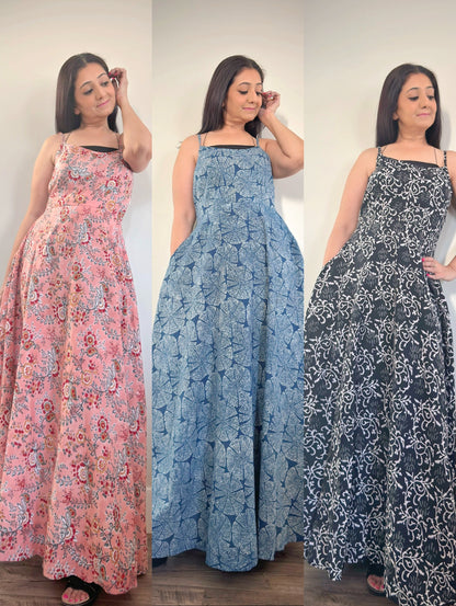 Boho chic : Cotton handblock printed fit n flare summer maxi dress - Femantraa