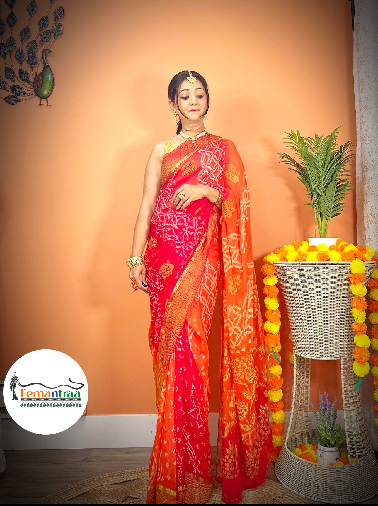 Dual shaded Red Orange  Bandhini Zari Saree - Femantraa