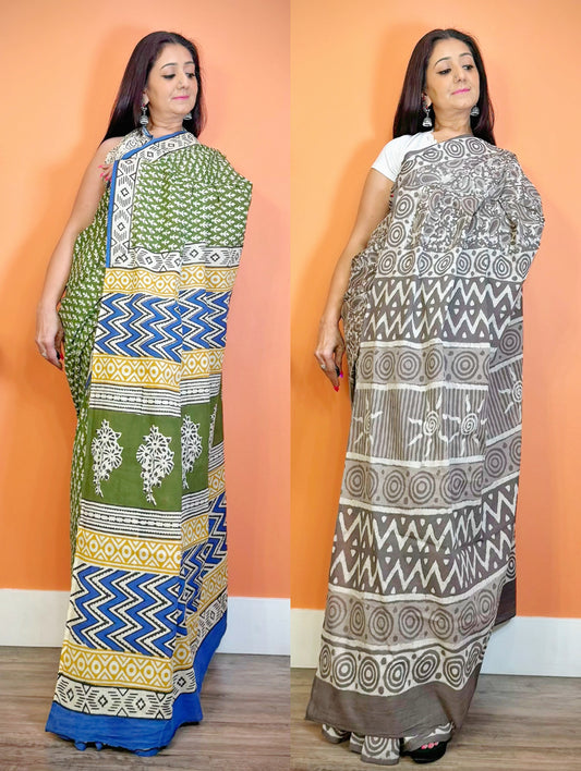 Ethnic Elegance:Mulmul Cotton Handblock Dabu Print Saree - Femantraa