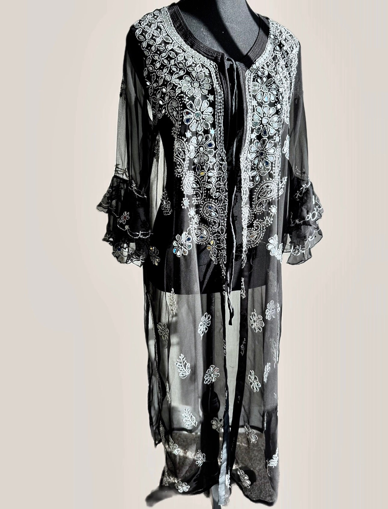 The Modern Choga: Hand-Embroidered Chikankari & Shisha (Mirror) Work Faux Georgette Long Jacket