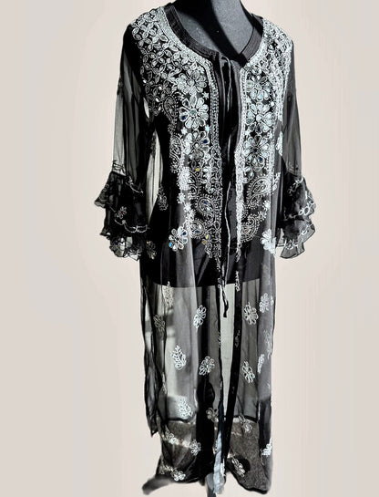 The Modern Choga: Hand-Embroidered Chikankari & Shisha (Mirror) Work Faux Georgette Long Jacket