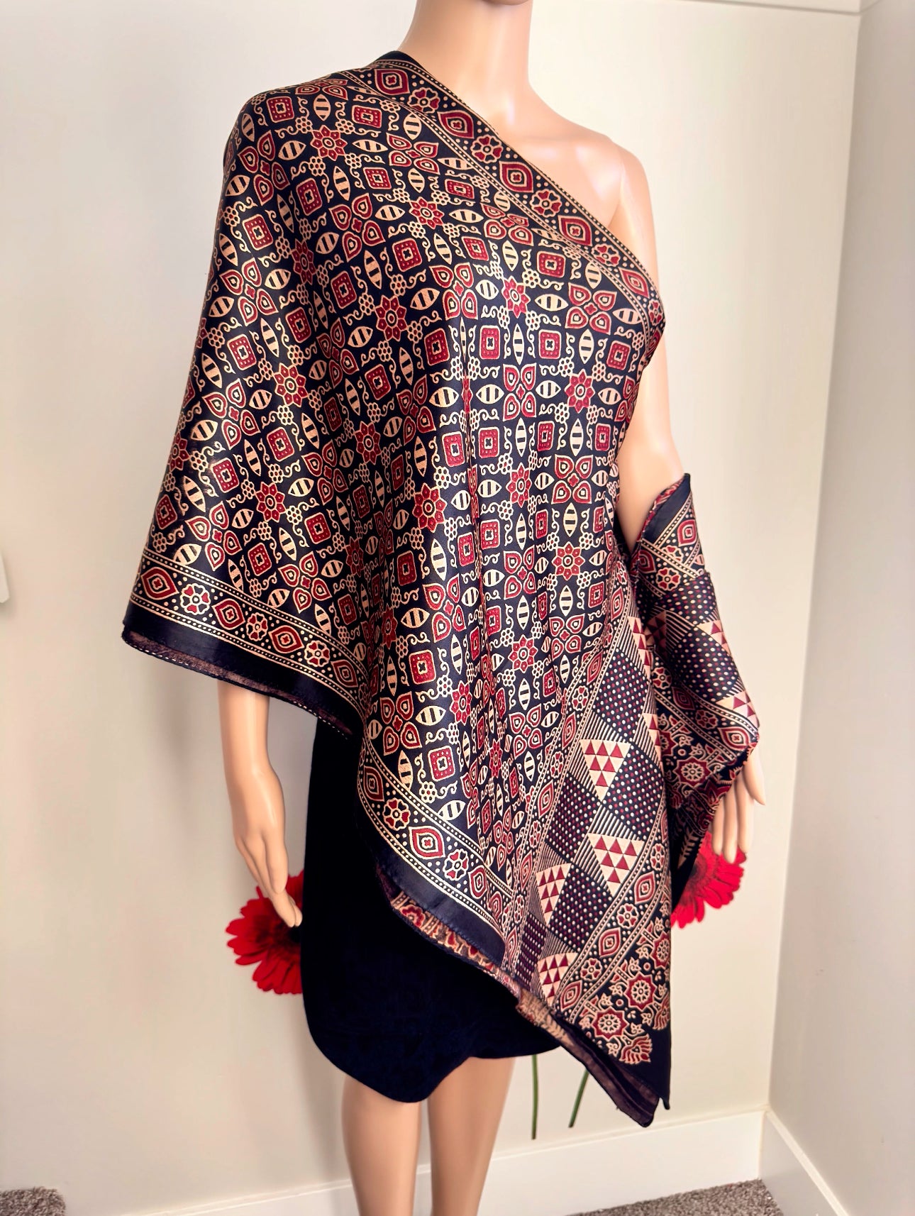 Ethnic Charm: Boho Ajrakh Mashru Silk Stole (Black multi dye - 5 designs)