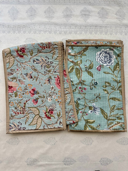 Sanganeri Hand-Block Print Quilted Reversible Table Runner Set (1 Runner + 6 Placemats)
: Blue Rust / Blue Grey / Gold border