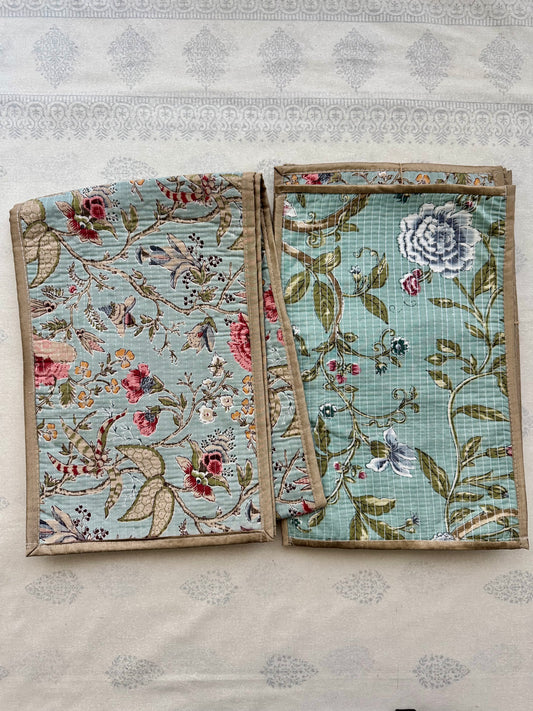 Handblock Quilted Kantha Table Runner Set: Blue Rust / Blue Grey / Gold border