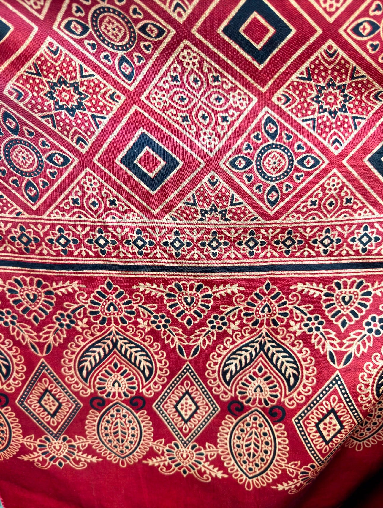 Ethnic Charm: Boho Ajrakh Mashru Silk Scarf (Red multi dye - 7 designs)