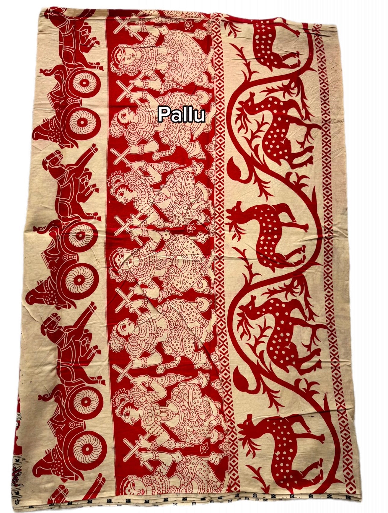 Kalamkari (screenprint) mulmul saree (Deities and Epics)