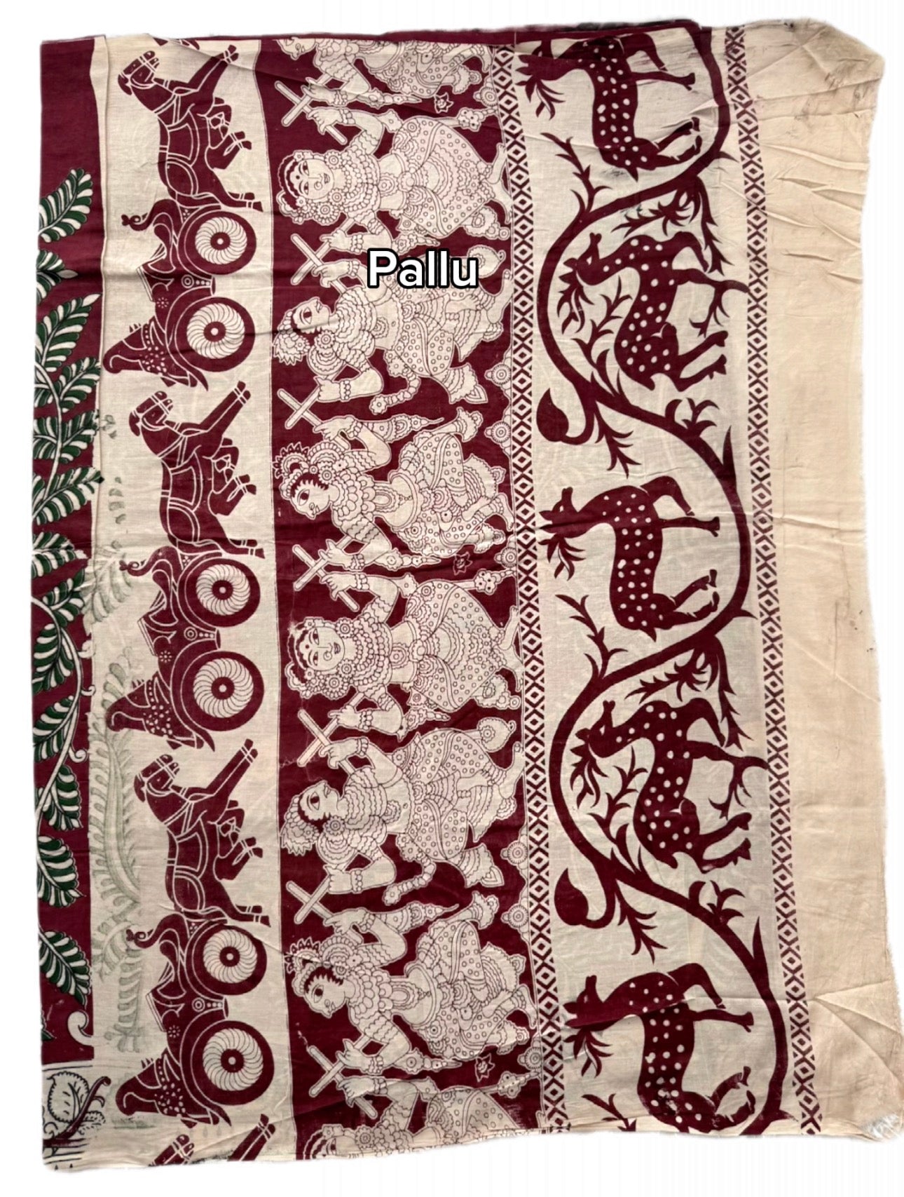 Kalamkari (screenprint) mulmul saree (peacock & vines)