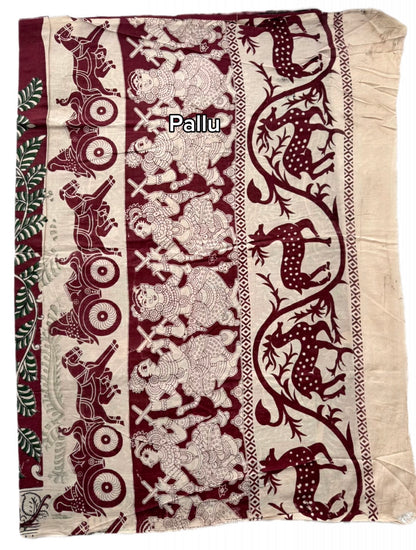 Kalamkari (screenprint) mulmul saree (peacock & vines)