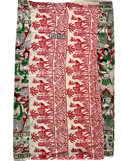 Kalamkari (screenprint) mulmul saree (Ramayana scenes)