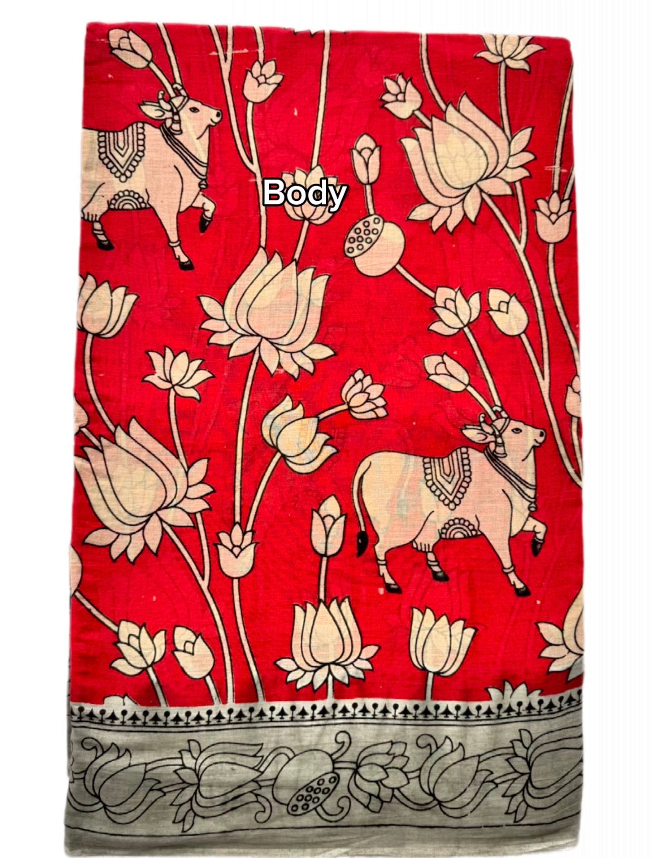 Kalamkari (screenprint) mulmul saree (Nandi & vines)