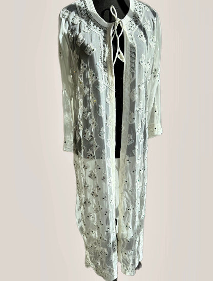 The Modern Choga: Hand-Embroidered Chikankari & Shisha (Mirror) Work Faux Georgette Long Jacket