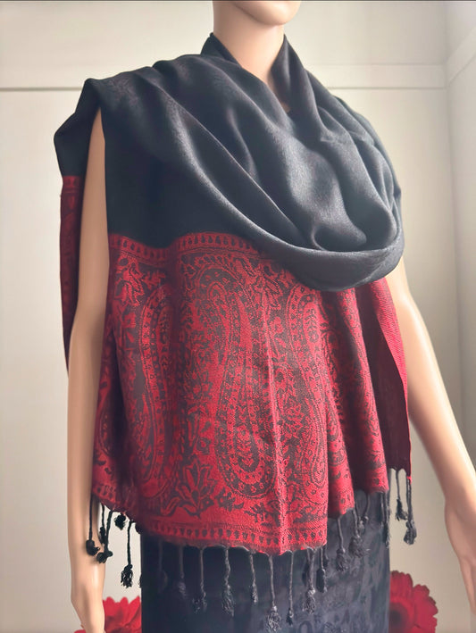 Pashmina self print scarves with contrasting paisley border(3 colours)