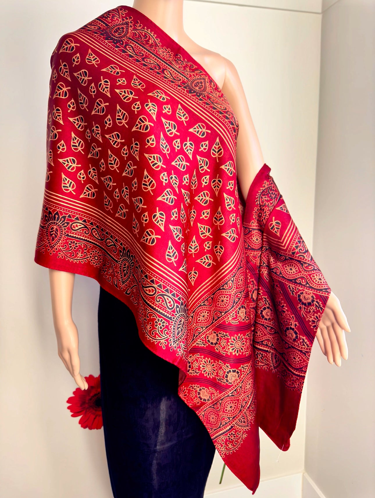 Ethnic Charm: Boho Ajrakh Mashru Silk Scarf (Red multi dye - 7 designs)