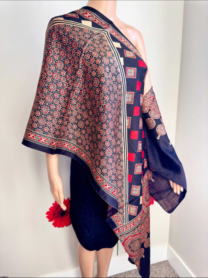 Ethnic Charm: Boho Ajrakh Mashru Silk Stole (Black multi dye - 5 designs)