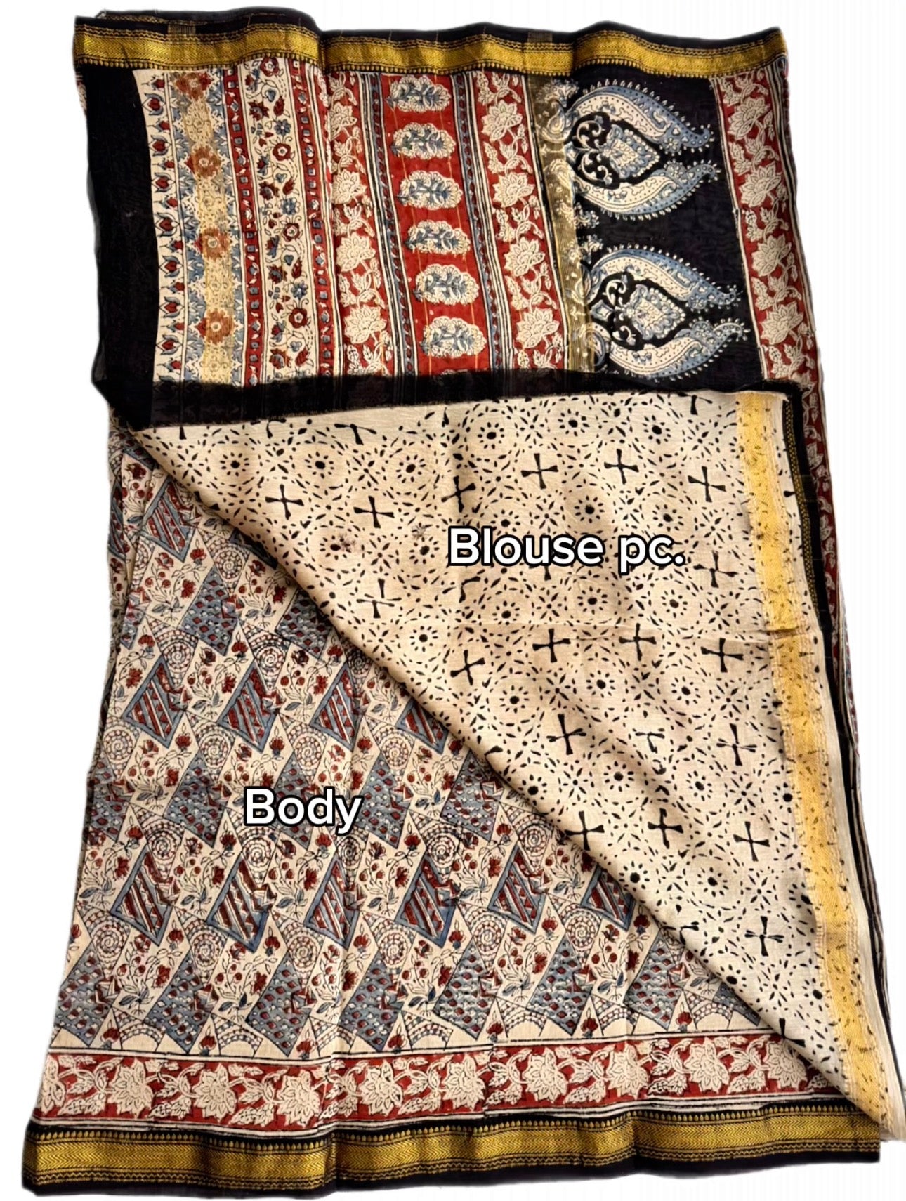 Hand Block Maheshwari cotton-Silk Saree – Earthy Madder & Indigo