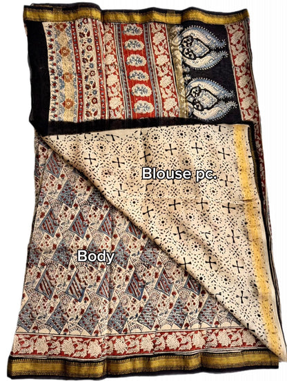 Hand Block Maheshwari cotton-Silk Saree – Earthy Madder & Indigo