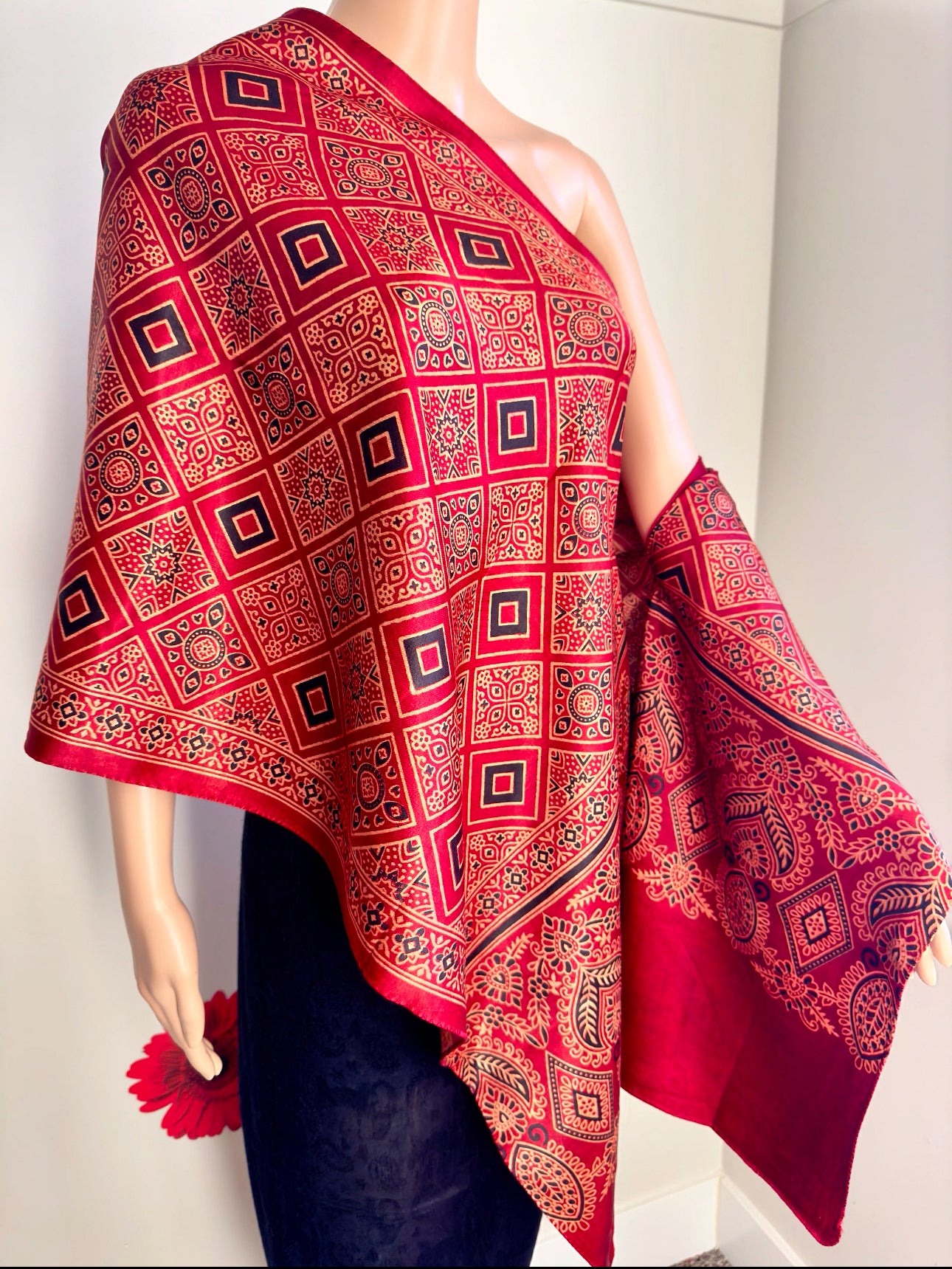 Ethnic Charm: Boho Ajrakh Mashru Silk Scarf (Red multi dye - 7 designs)