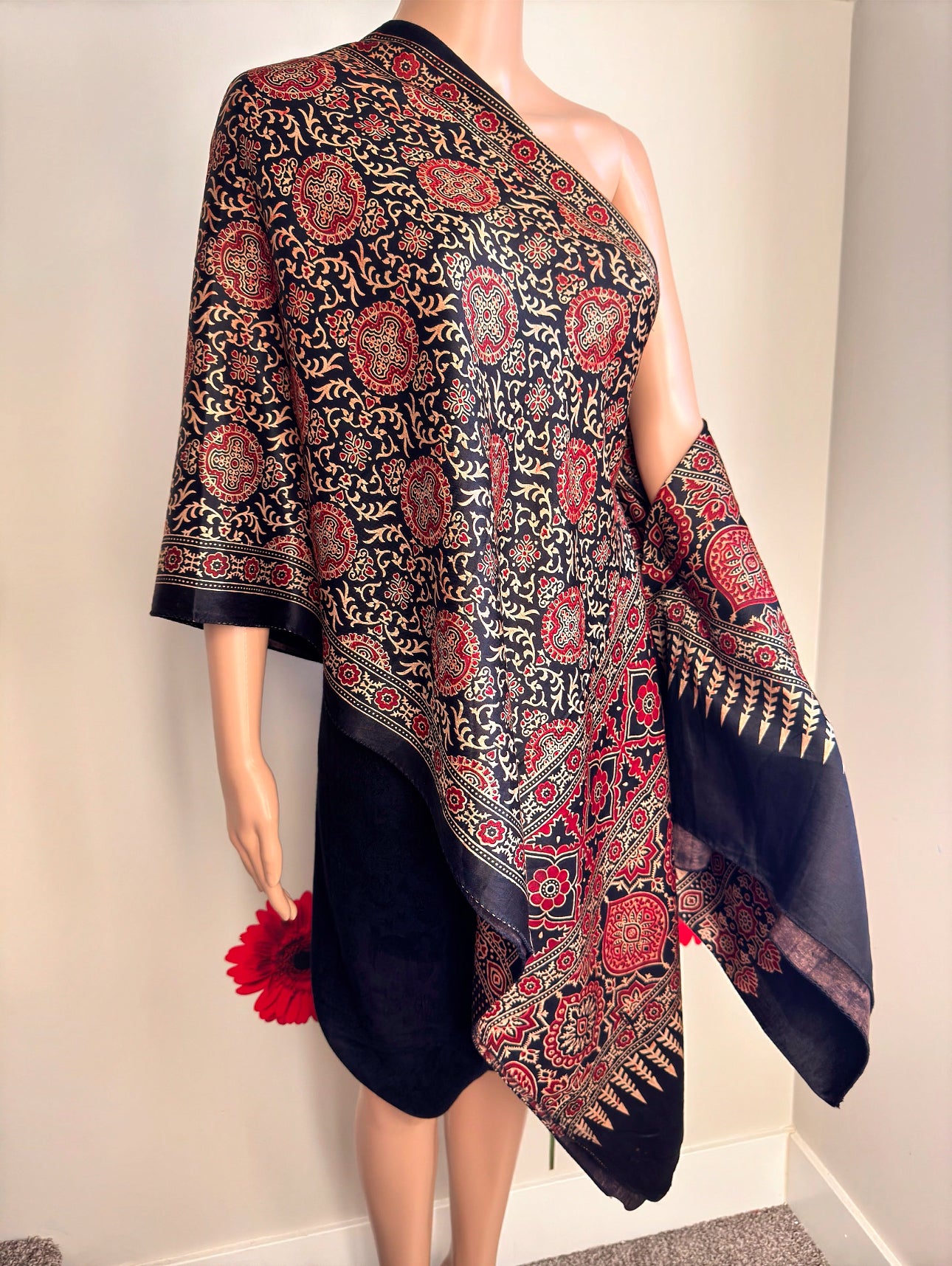 Ethnic Charm: Boho Ajrakh Mashru Silk Stole (Black multi dye - 5 designs)