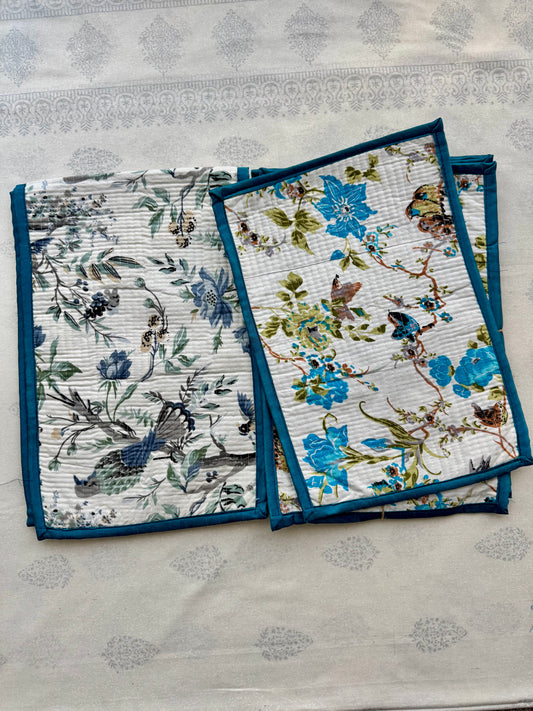Sanganeri Hand-Block Print Quilted Reversible Table Runner Set (1 Runner + 6 Placemats)
: Turquoise Blue / Grey Blue / Blue Border