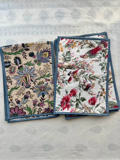 Sanganeri Hand-Block Print Quilted Reversible Table Runner Set (1 Runner + 6 Placemats)
: Beige / Cream / Grey Border