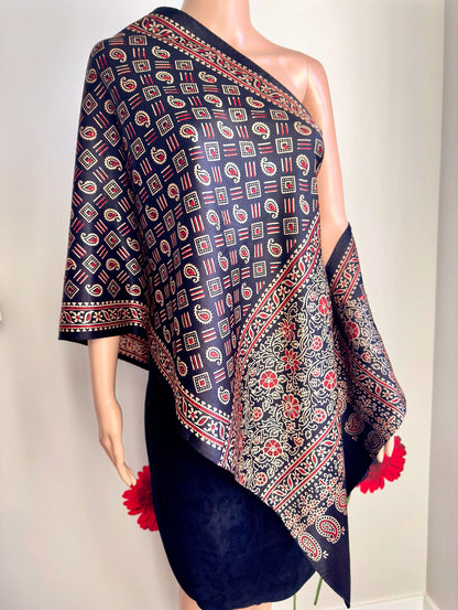 Ethnic Charm: Boho Ajrakh Mashru Silk Stole (Black multi dye - 5 designs)