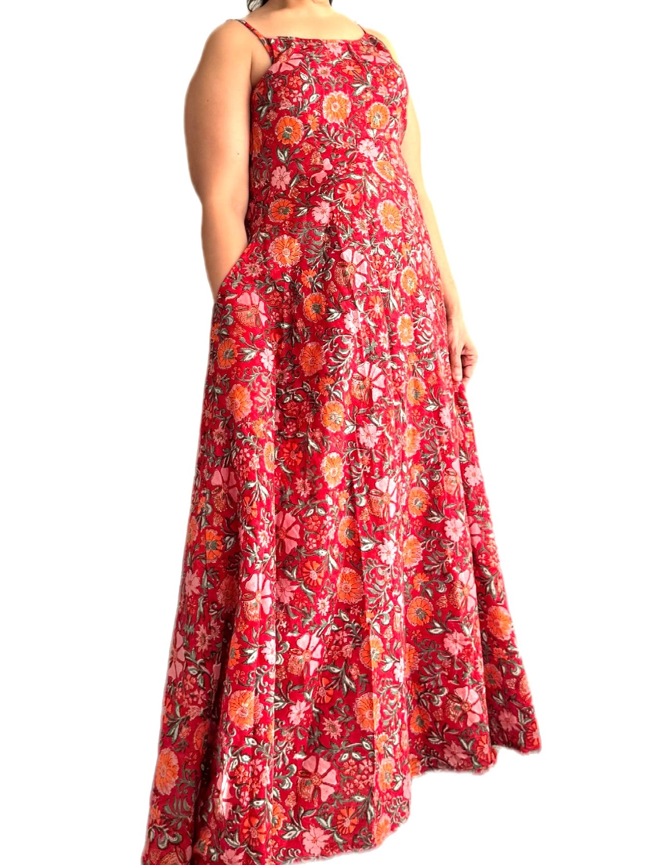 Hand-Blocked Sanganeri crimson Cotton Dress: The modern “Ghagra-choli”