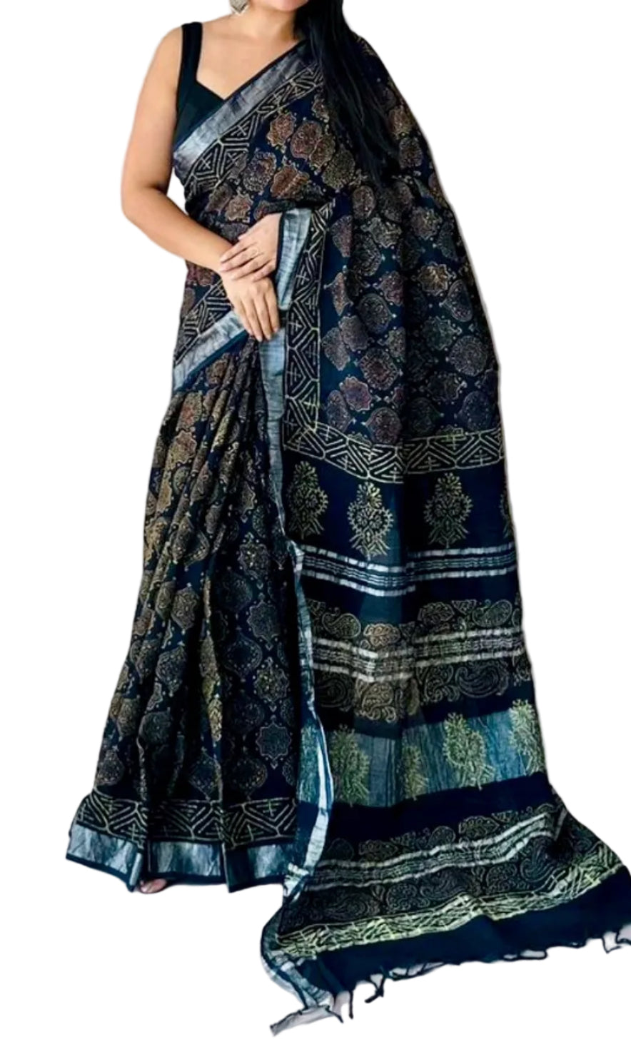 Handloom Linen-Cotton Blend Saree with Silver Zari Border-Handblocked