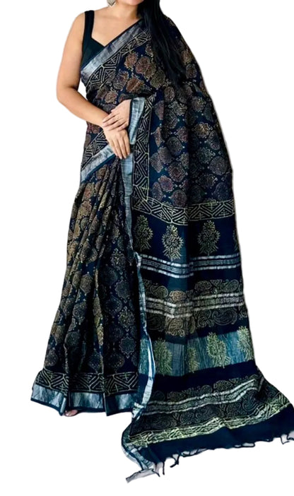 Handloom Linen-Cotton Blend Saree with Silver Zari Border-Handblocked