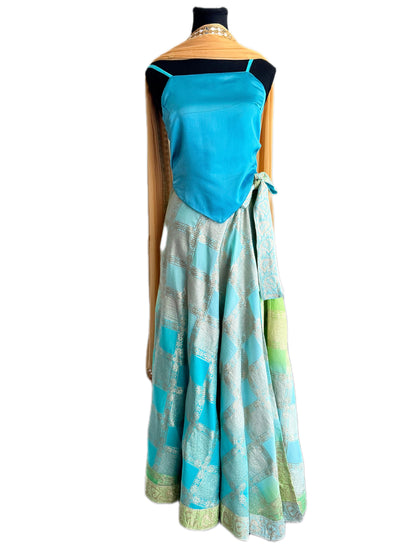 Ananta Madras Check inspired Wrap Saree Lehenga Skirt, Choli top & Dupatta Sets