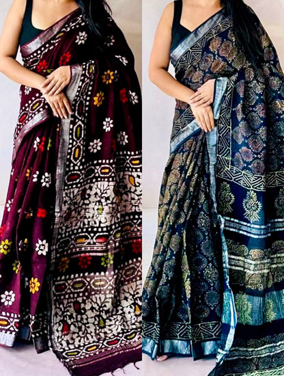 Handloom Linen-Cotton Blend Saree with Silver Zari Border-Handblocked