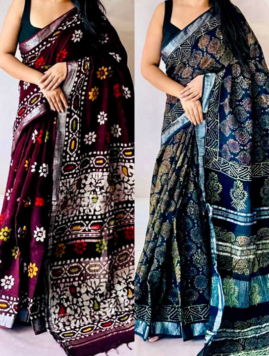 Handloom Linen-Cotton Blend Saree with Silver Zari Border-Handblocked