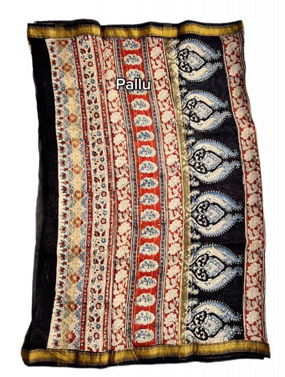 Hand Block Maheshwari cotton-Silk Saree – Earthy Madder & Indigo